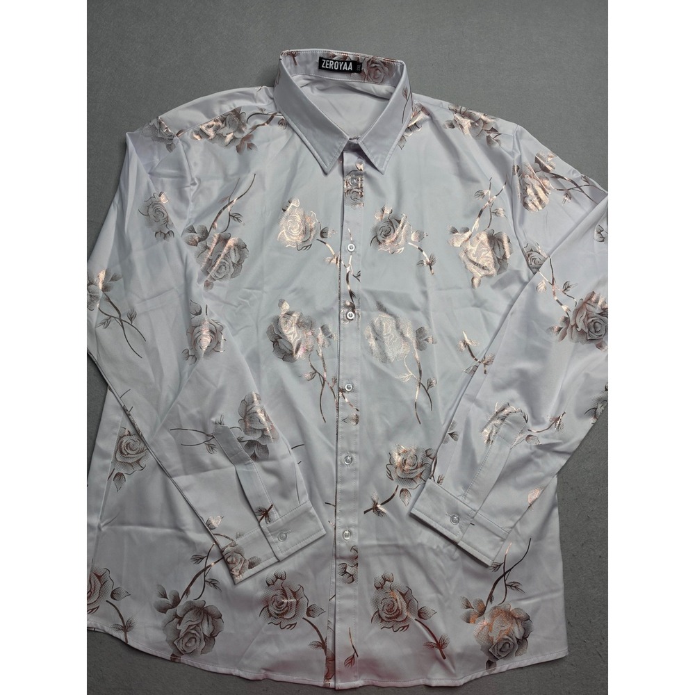 Zeroyaa Shirt Men's 2XL White Floral Stretch Long Sleeve Button-Up Everyday Wear
